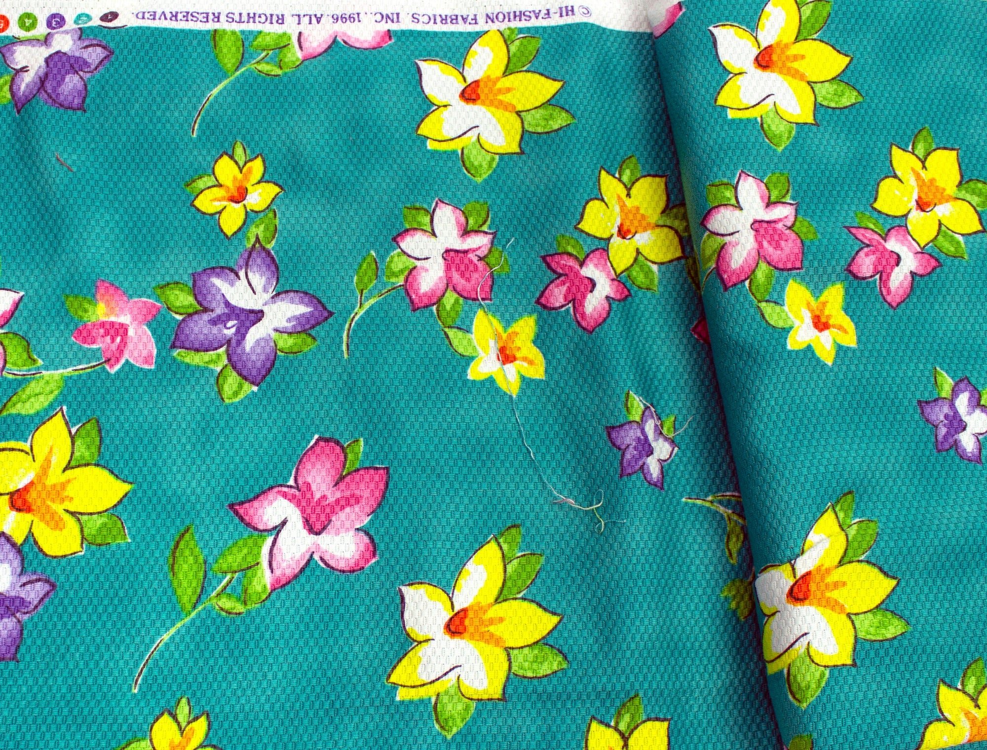 Vintage Fabric Hi-Fashion Fabrics Textured Aqua Blue with Flowers - Measures 47" x 73"